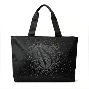 Victoria's Secret Limited Edition Black Satin Crystal Beaded Shoulder Tote Bag